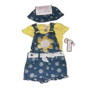 Little Lass Girls 2 Piece Denim Daisy Overalls Shorts Set Bucket Hat Size 2T